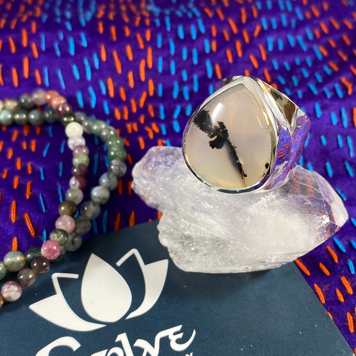 Dendrite Agate Sterling Wide Hammered Band Ring