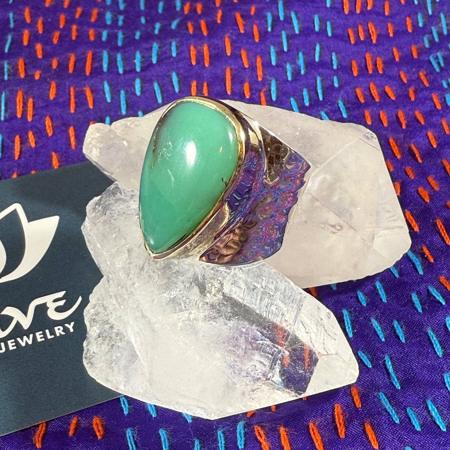 Chrysoprase Sterling & Brass Wide Band Hammered Ring