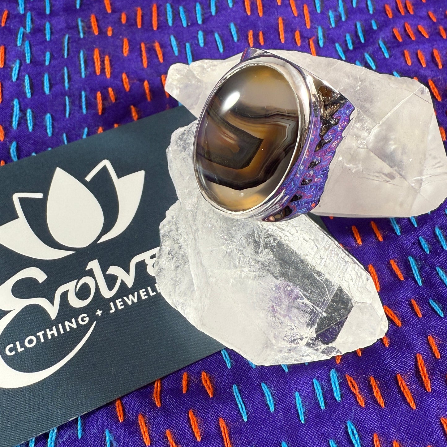 Montana Agate Sterling Wide Band Hammered Ring