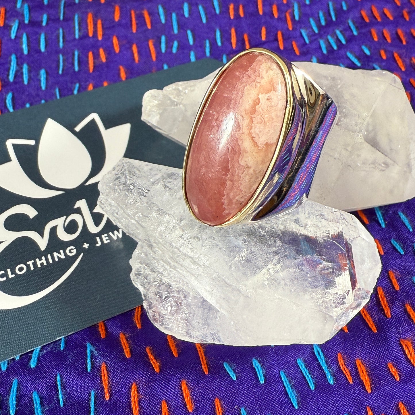 Rhodochrosite Sterling & Brass Wide Band Ring