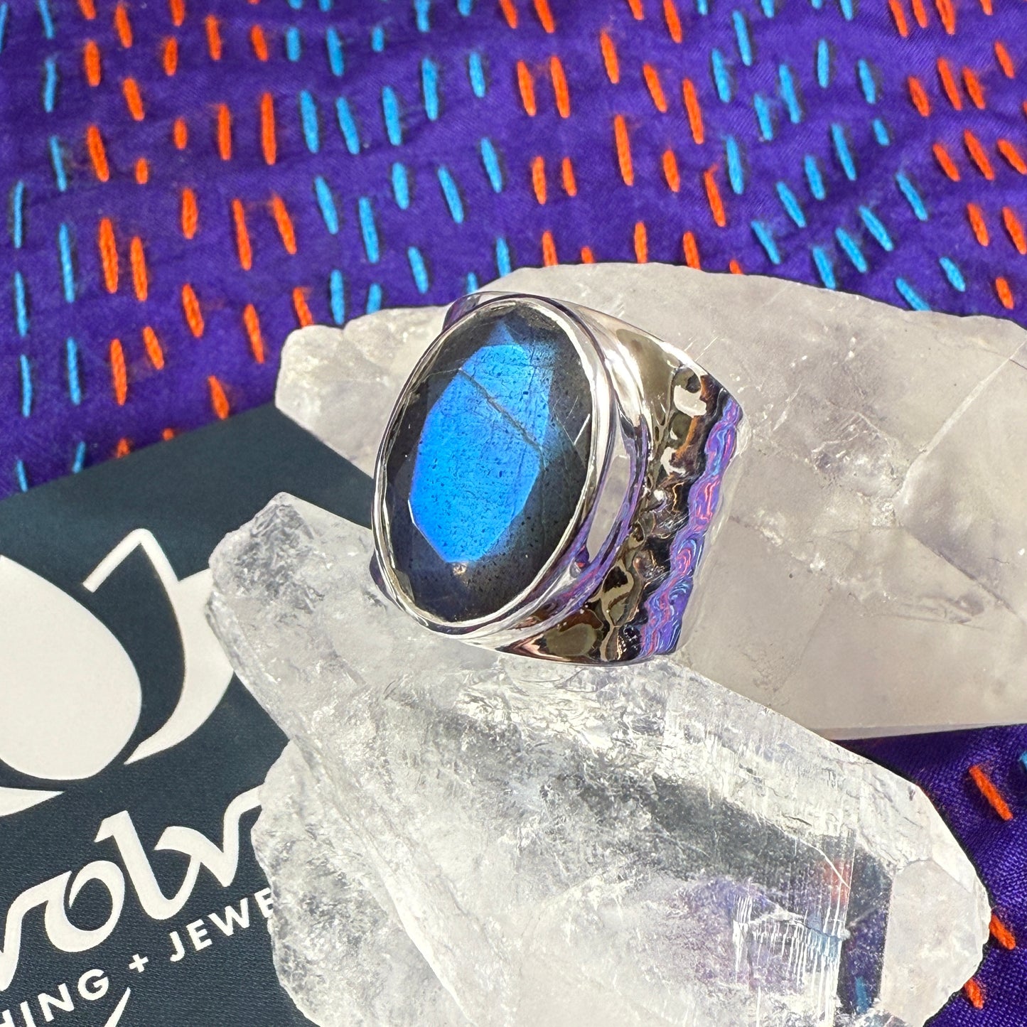 Labradorite Sterling Hammered Wide Ring