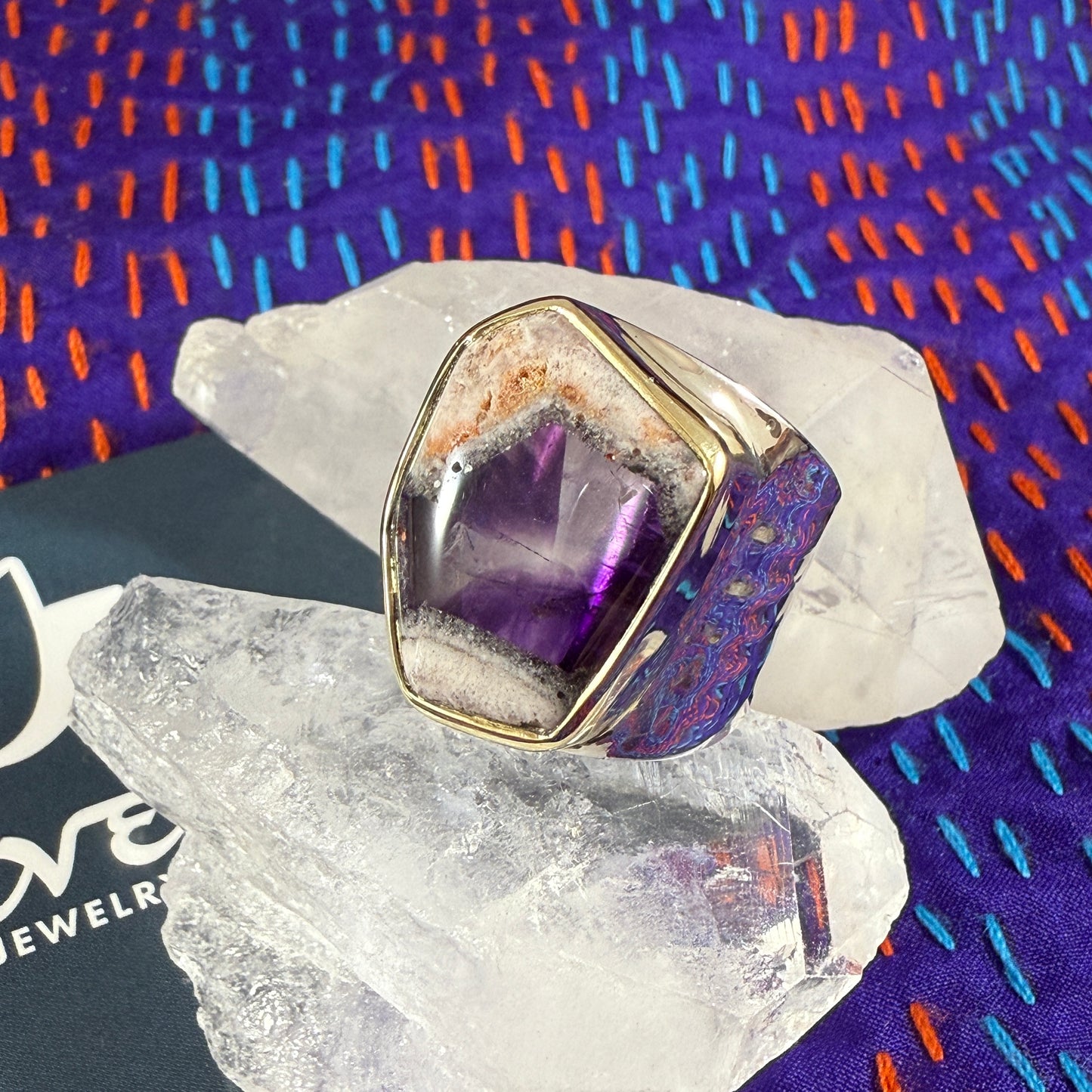 Star Amethyst Sterling & Brass Wide Band Hammered Ring