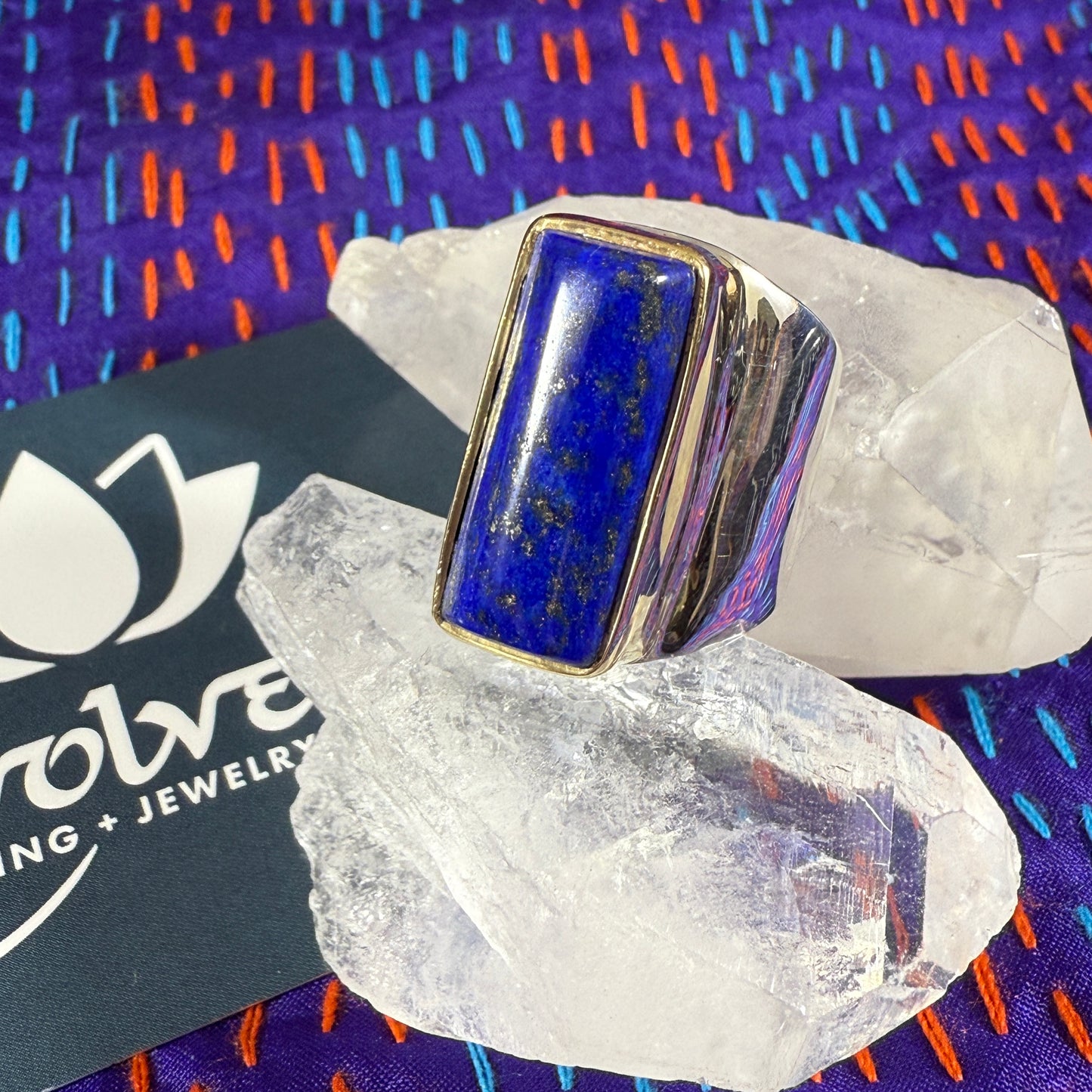 Lapis Lazuli Sterling & Brass Wide Band Ring