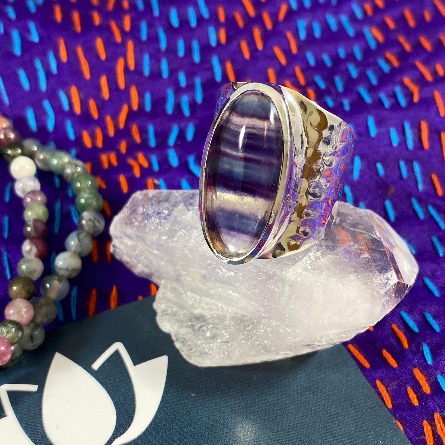 Fluorite Sterling Hammered Wide Band Ring