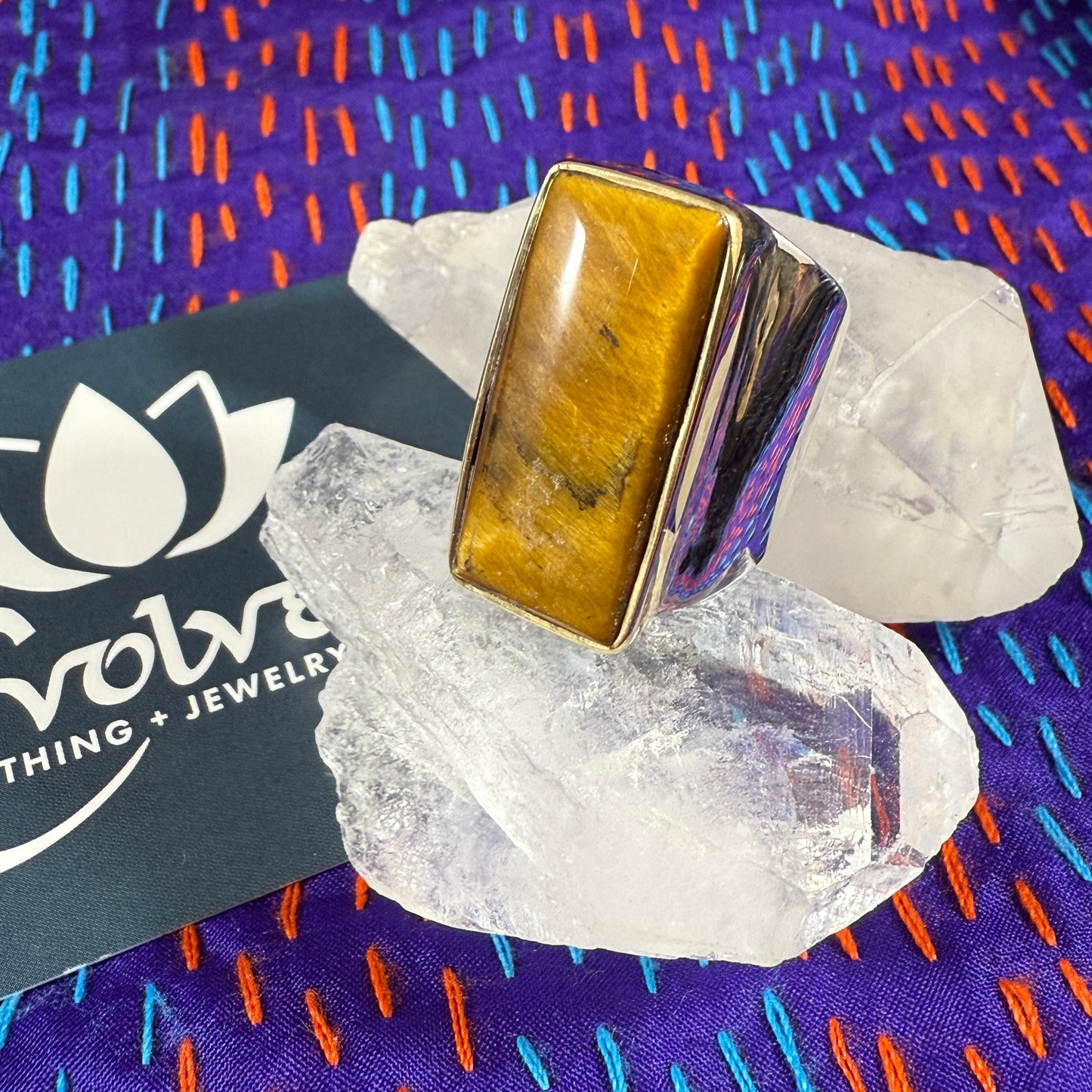 Tiger’s Eye Sterling & Brass Wide Band Ring