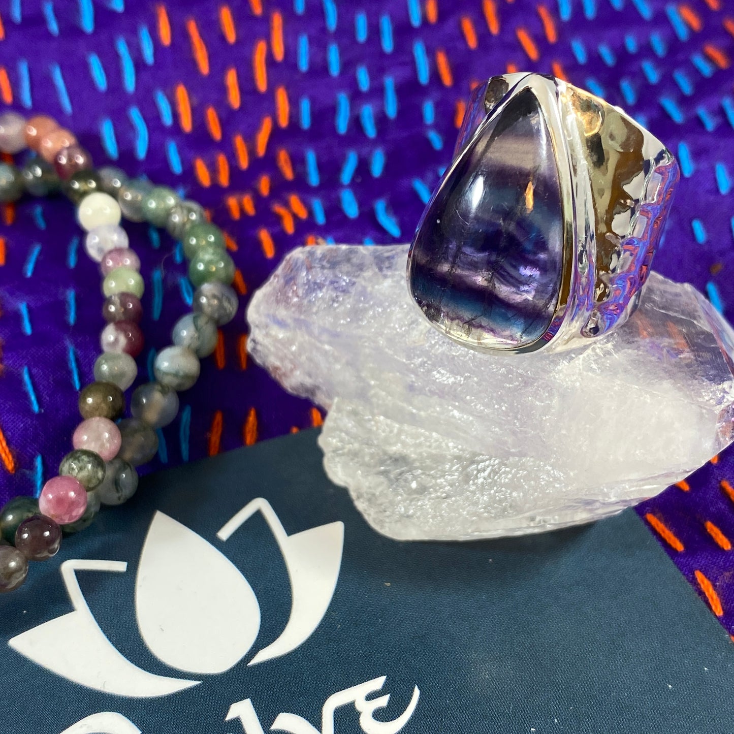 Fluorite Sterling Hammered Wide Band Ring