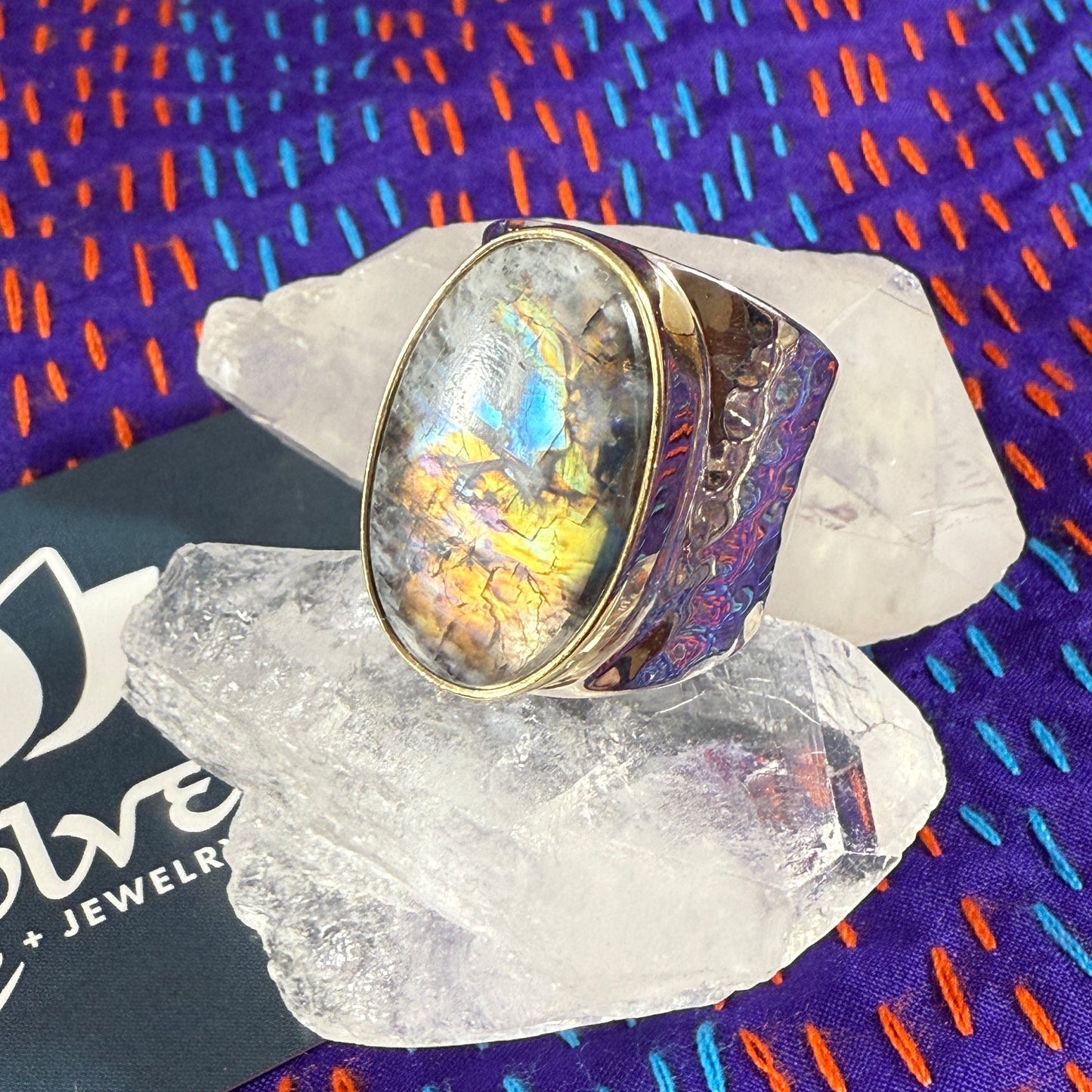 Rainbow Moonstone Sterling & Brass Wide Hammered Ring