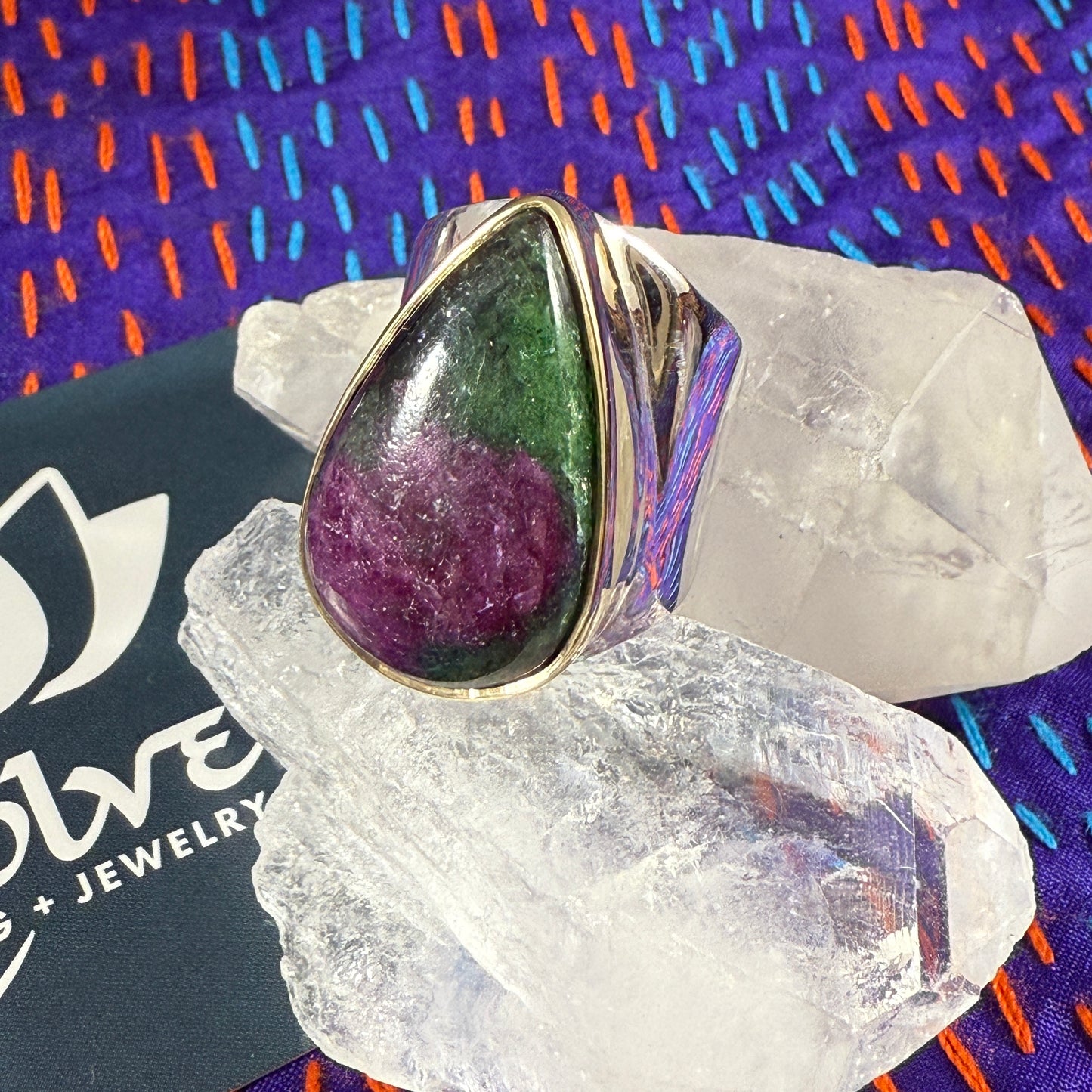 Ruby Zoisite Sterling & Brass Wide Band Ring