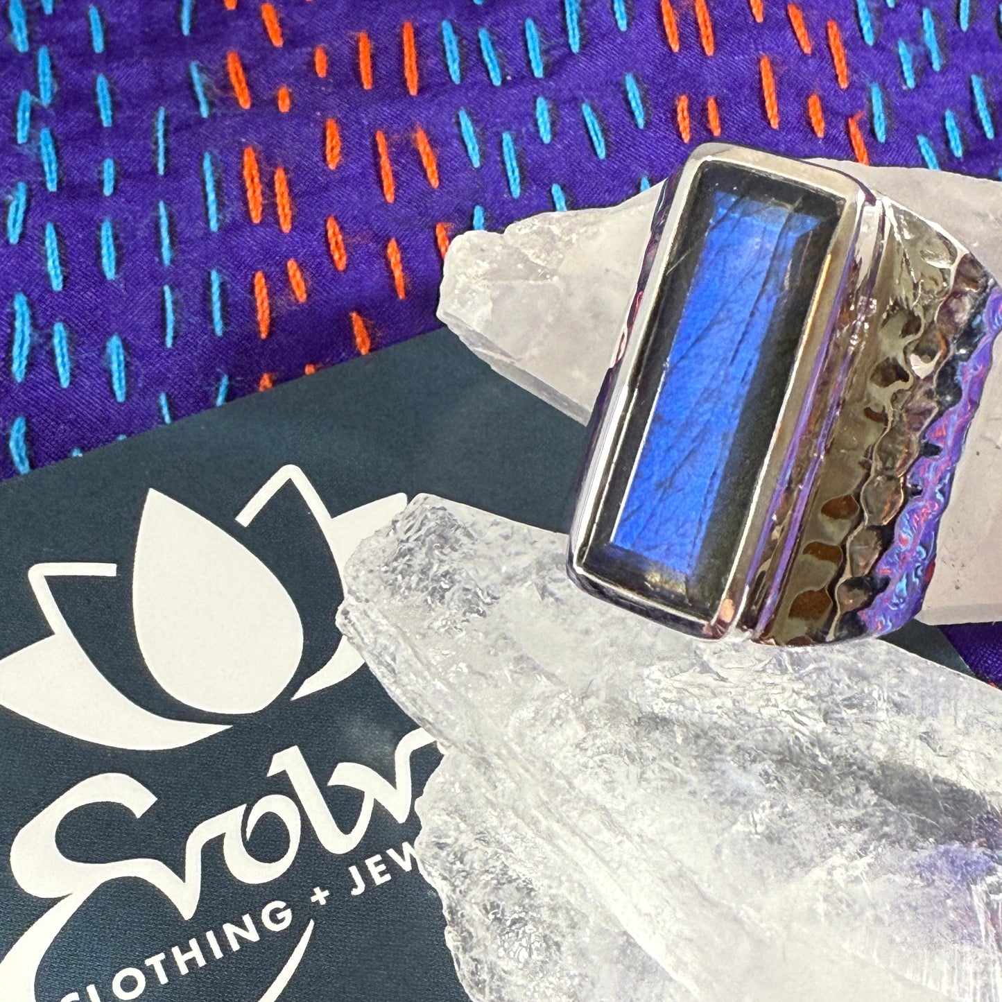 Labradorite Sterling Hammered Wide Ring