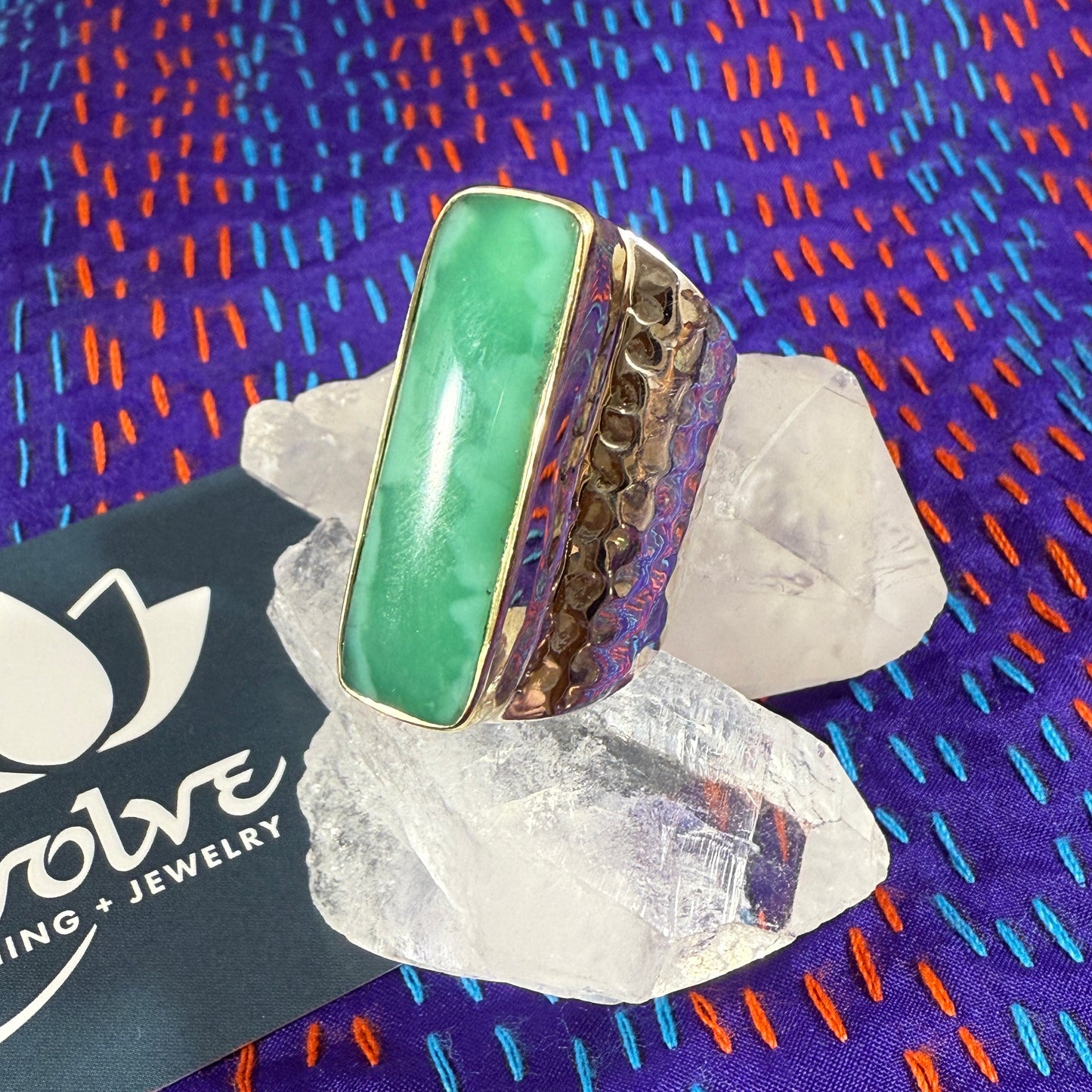 Chrysoprase Sterling & Brass Wide Band Hammered Ring