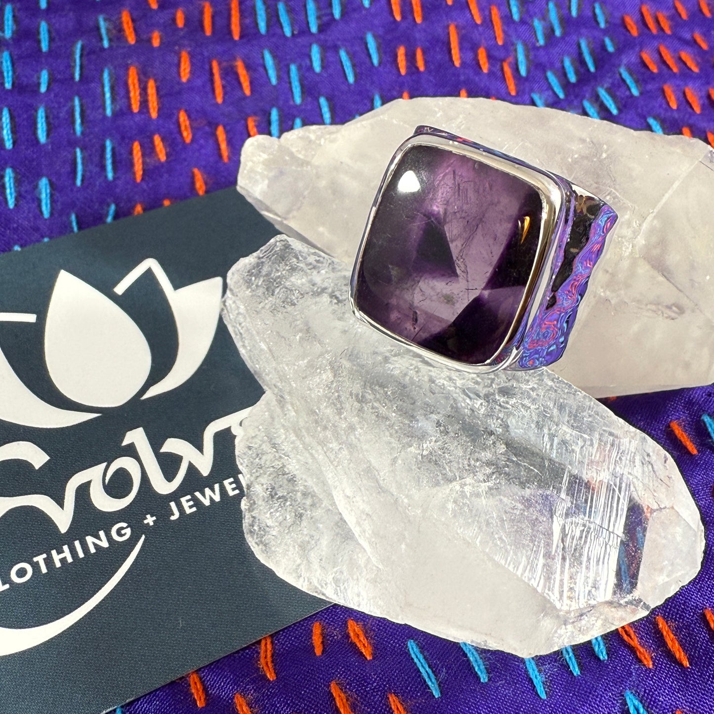 Star Amethyst Sterling Wide Band Hammered Ring