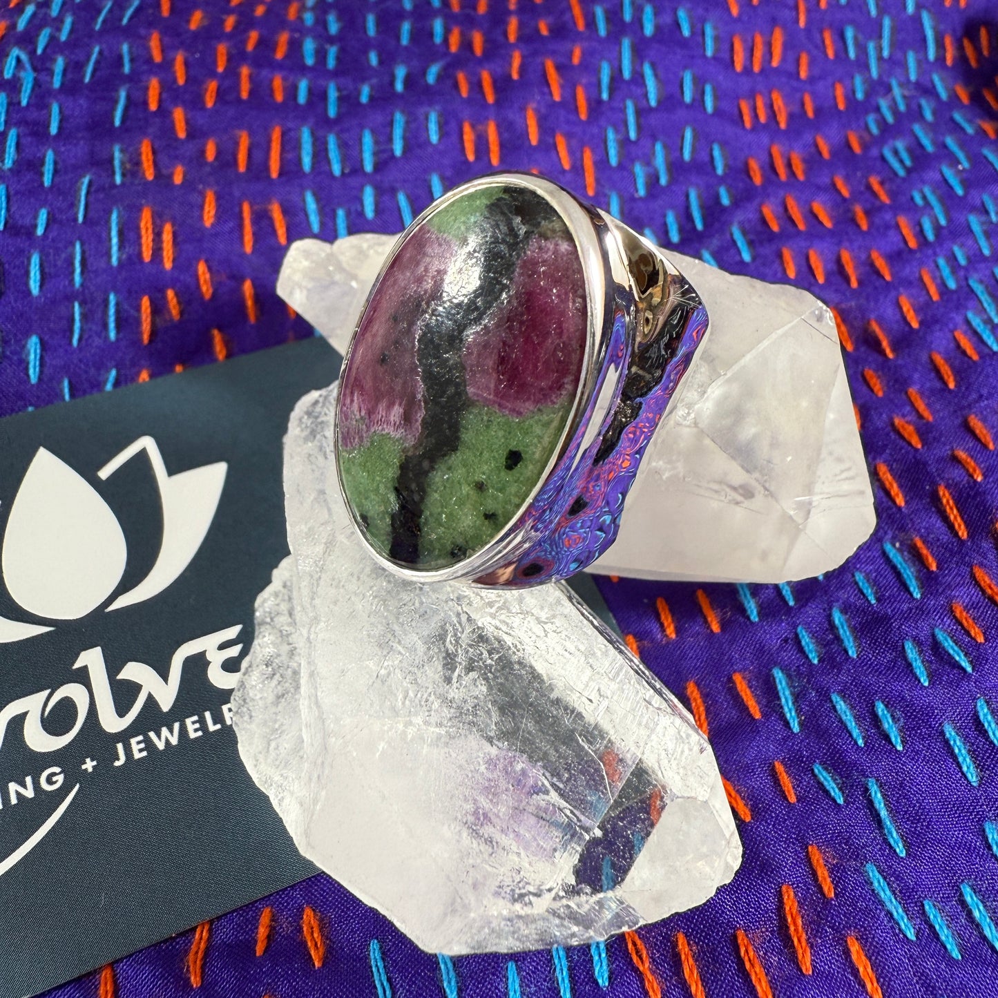 Ruby Zoisite Sterling Wide Band Hammered Ring