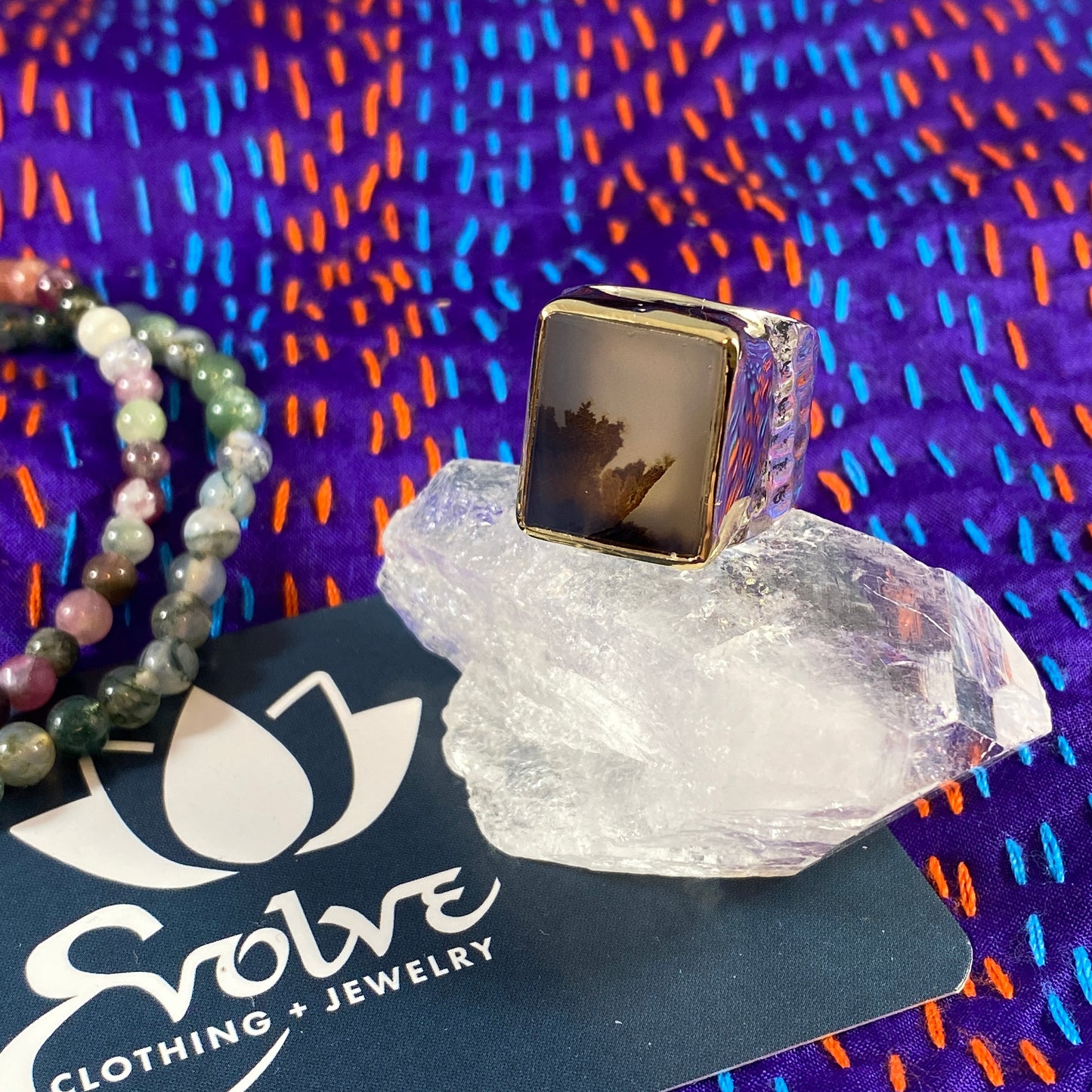 Dendrite Agate Sterling & Brass Wide Hammered Ring