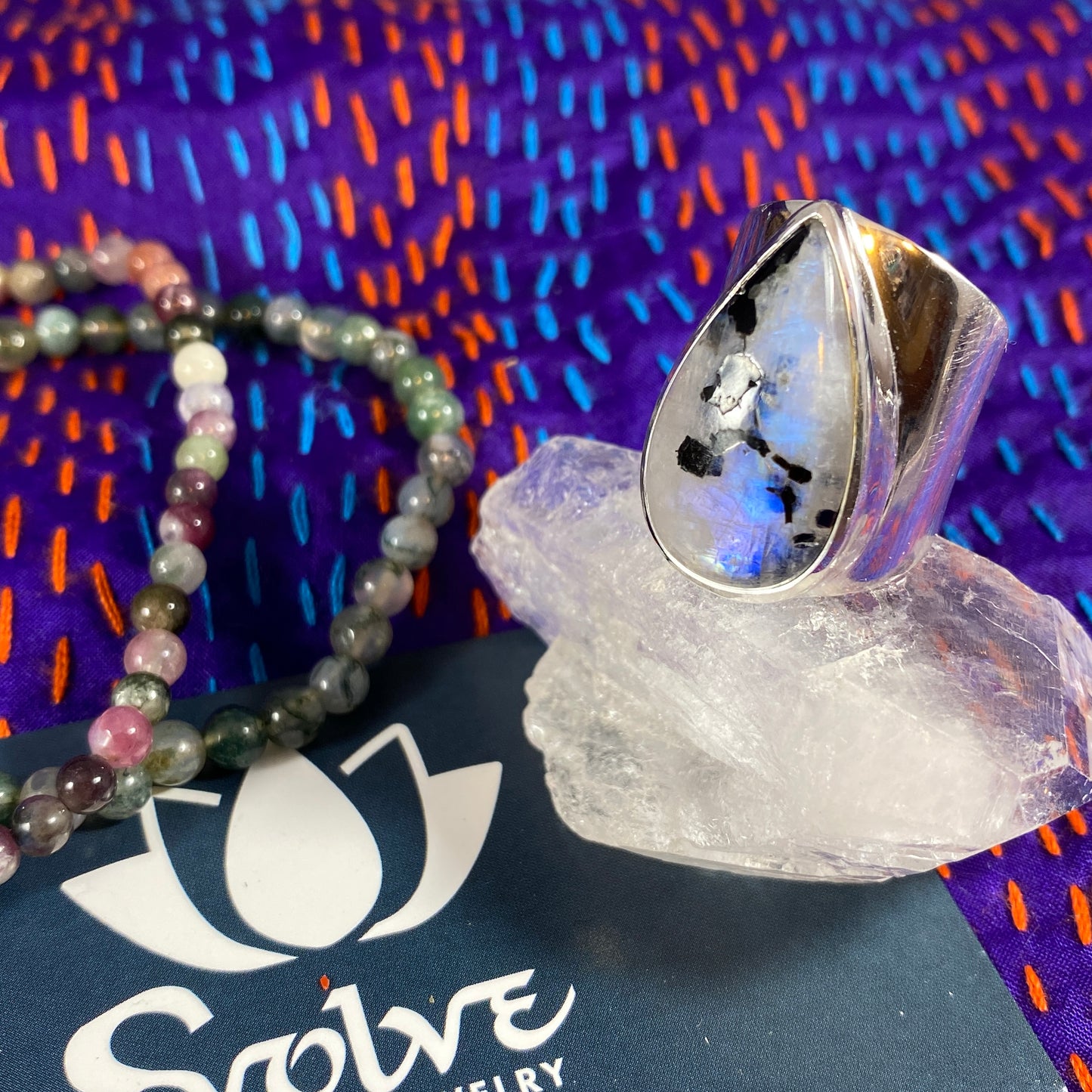 Rainbow Moonstone Sterling Wide Band Ring