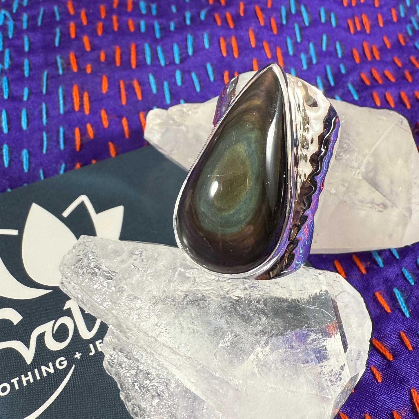 Rainbow Obsidian Sterling Wide Band Hammered Ring