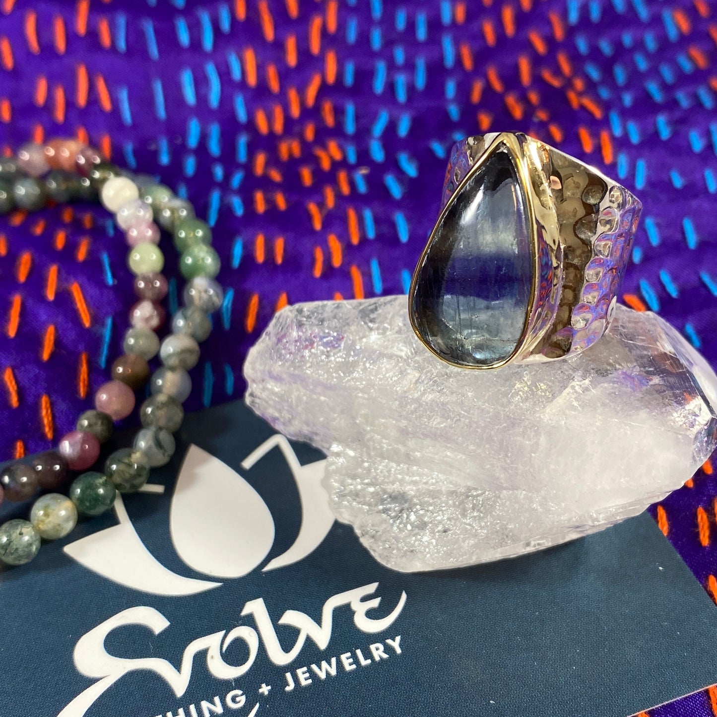 Fluorite Sterling & Brass Wide Hammered Rings