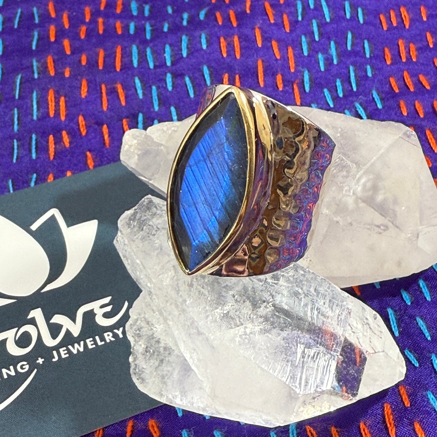 Labradorite Sterling & Brass Wide Hammered Ring