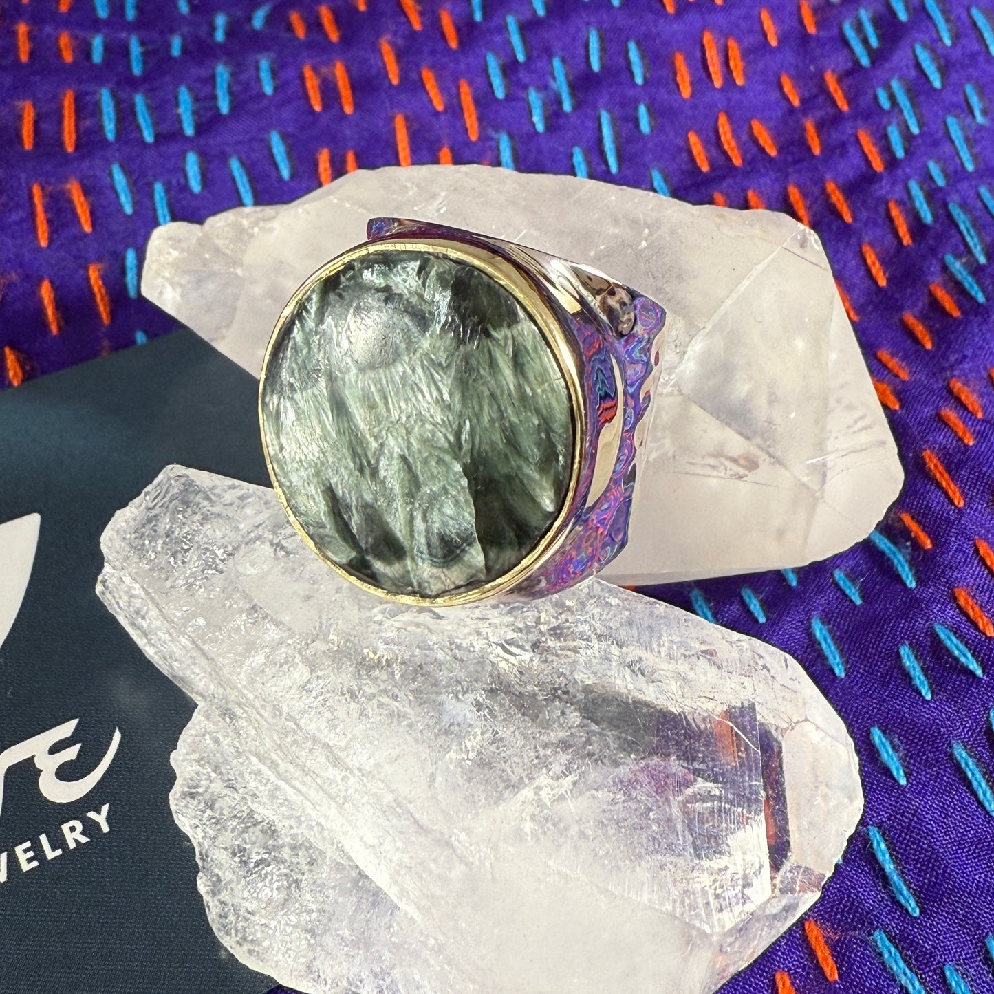 Seraphinite Sterling & Brass Wide Hammered Ring