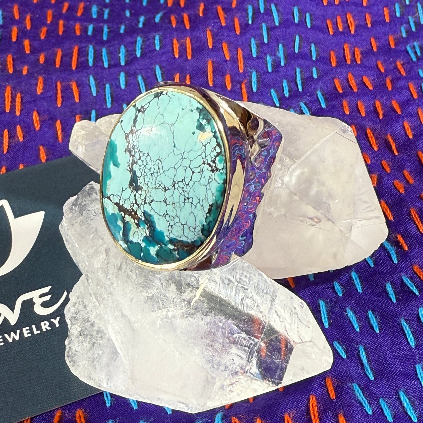 Tibetan Turquoise Sterling & Brass Wide Hammered Ring