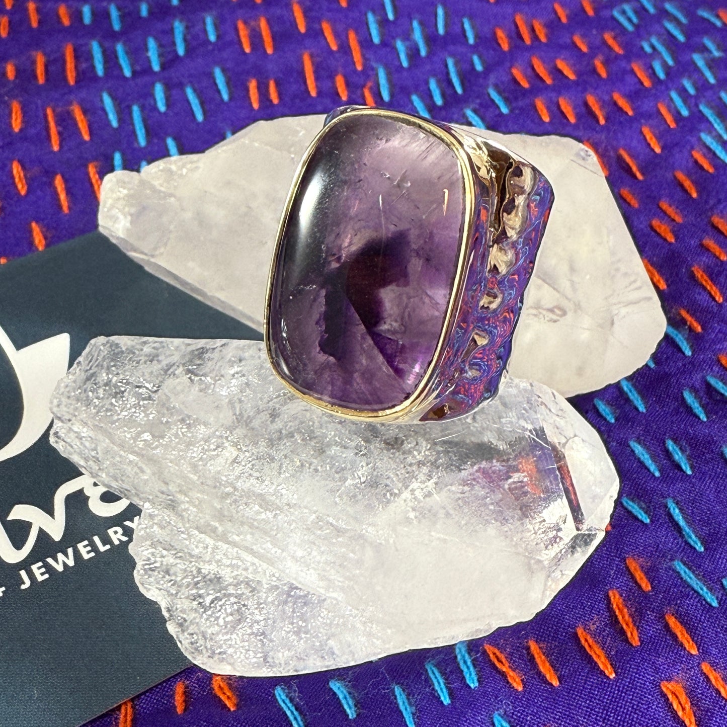 Star Amethyst Sterling & Brass Wide Band Hammered Ring