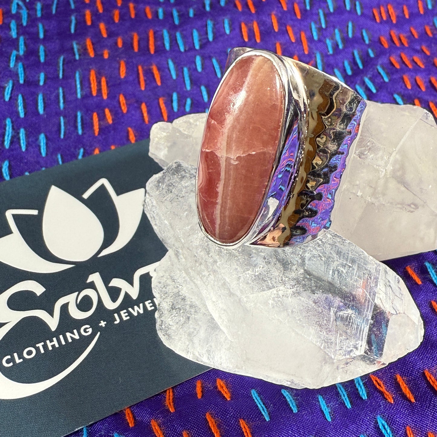 Rhodochrosite Sterling Wide Band Hammered Ring
