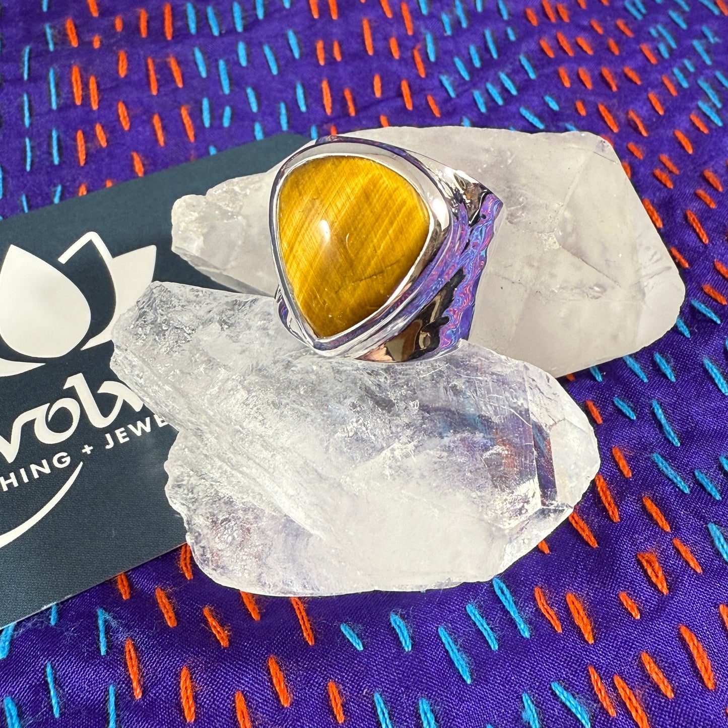 Tiger’s Eye Sterling Wide Band Hammered Ring