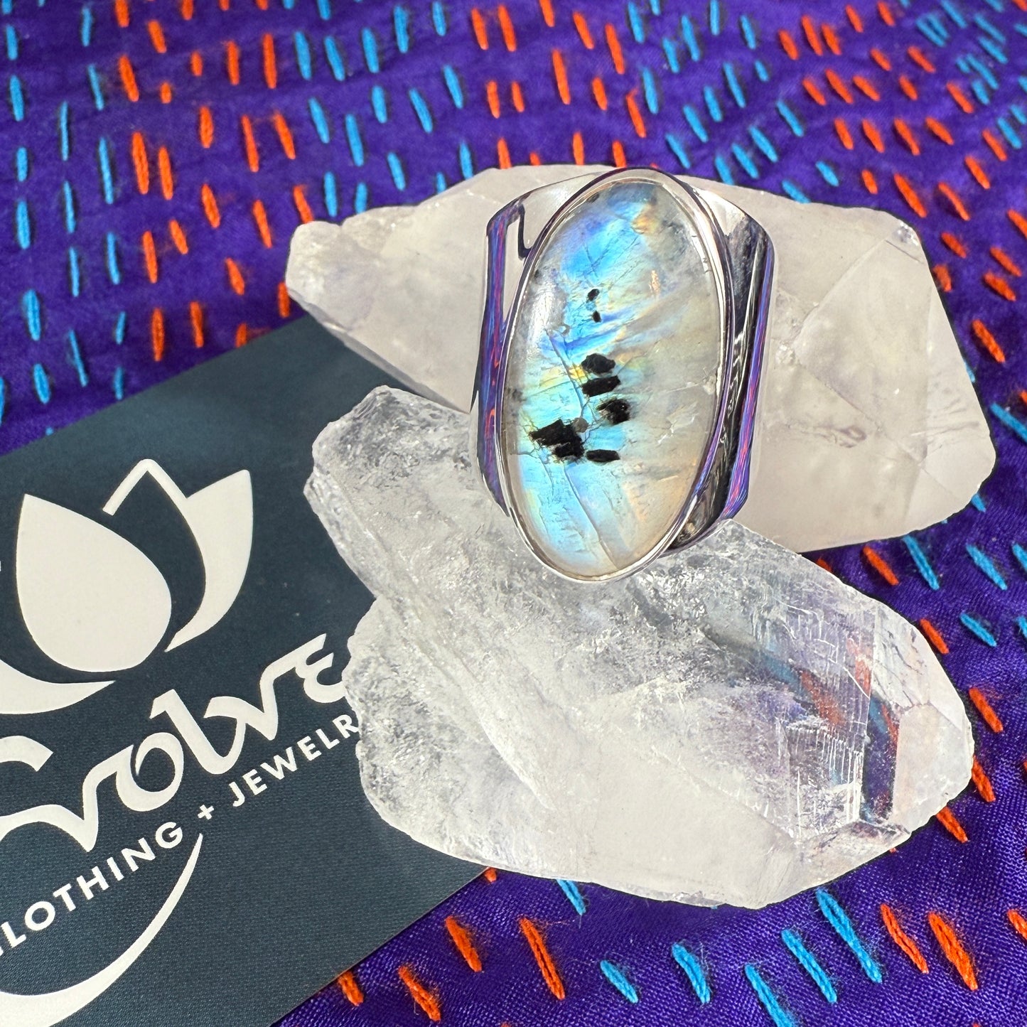 Rainbow Moonstone Sterling Wide Band Ring