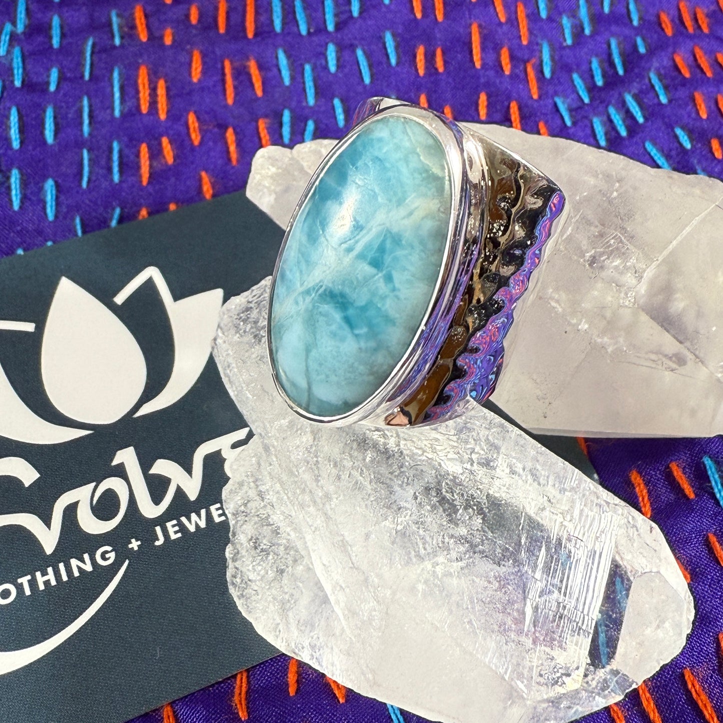 Larimar Sterling Wide Band Hammered Ring