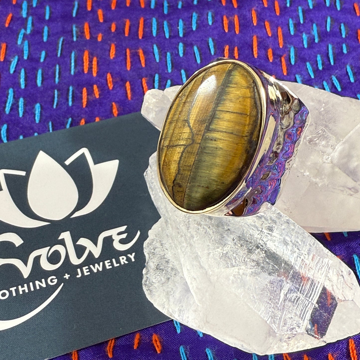 Tiger’s Eye Sterling & Brass Wide Band Hammered Ring