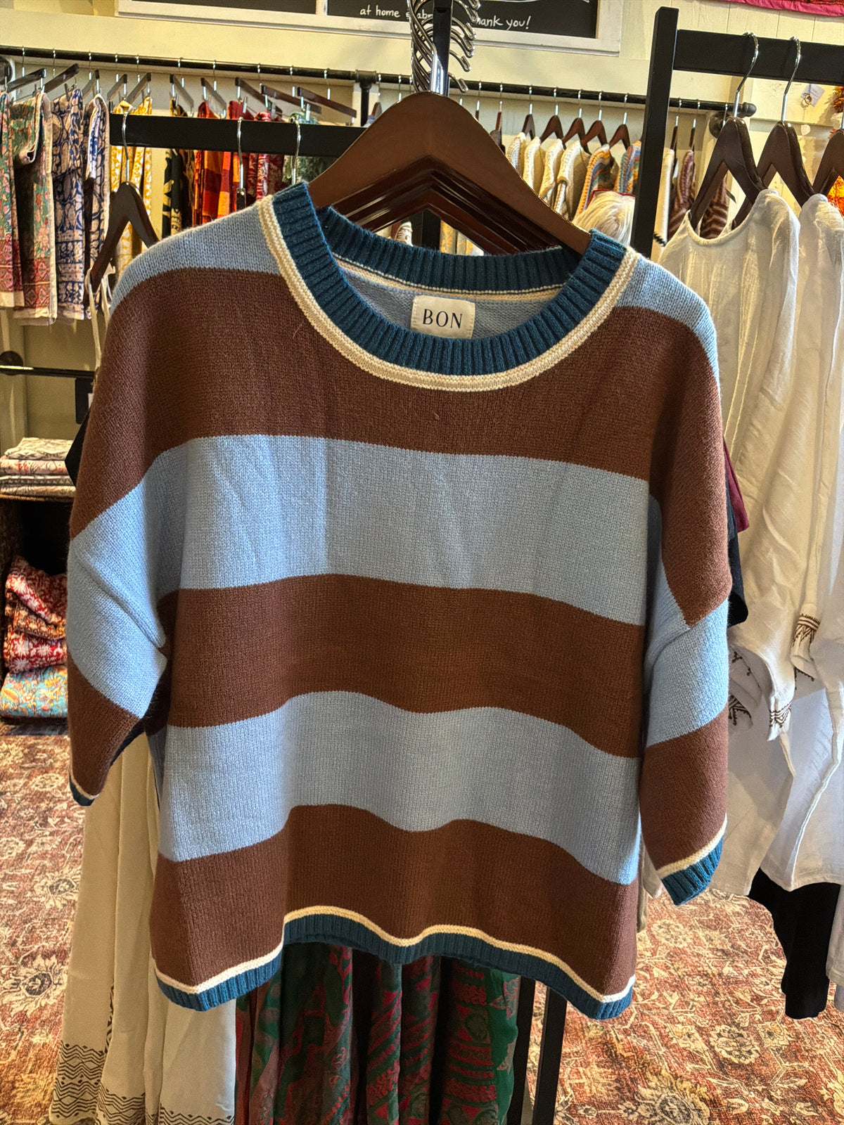 Blue Wide Stripe Short Sleeve Sweater