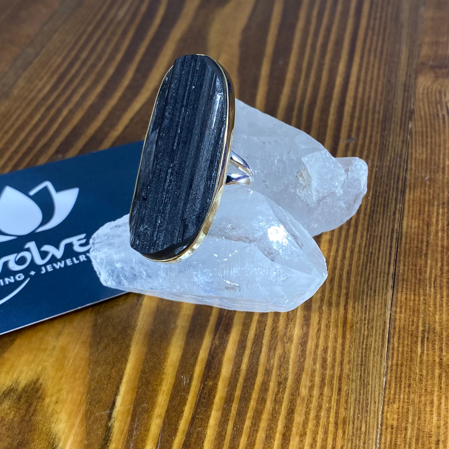 Black Tourmaline Sterling & Brass Ring