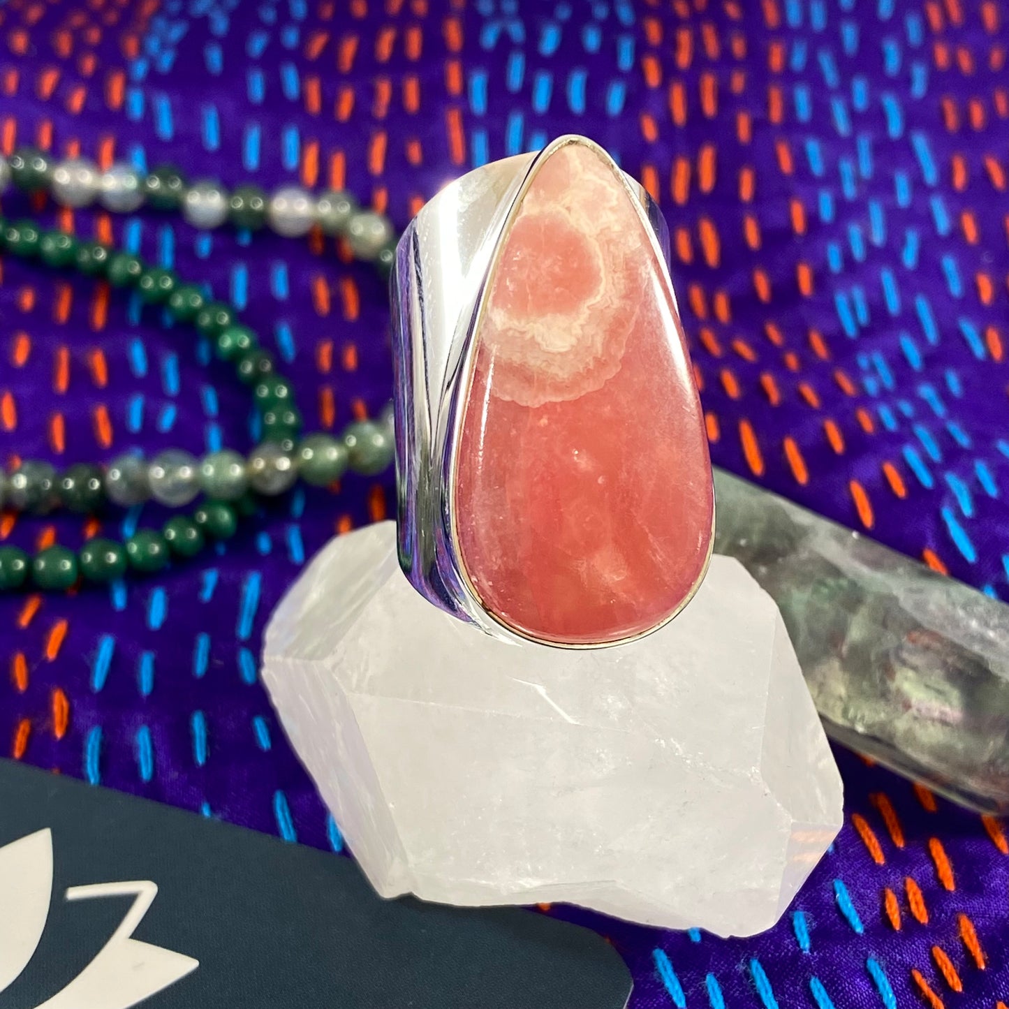 Rhodochrosite Sterling Wide Band Ring