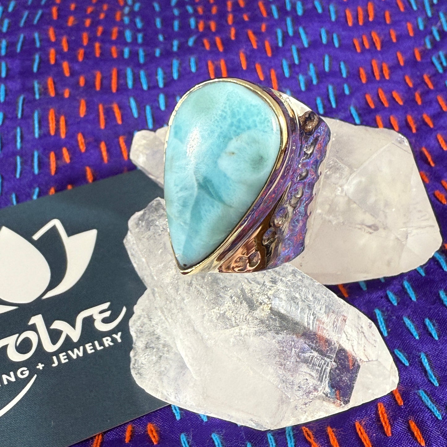 Larimar Sterling & Brass Wide Band Hammered Ring
