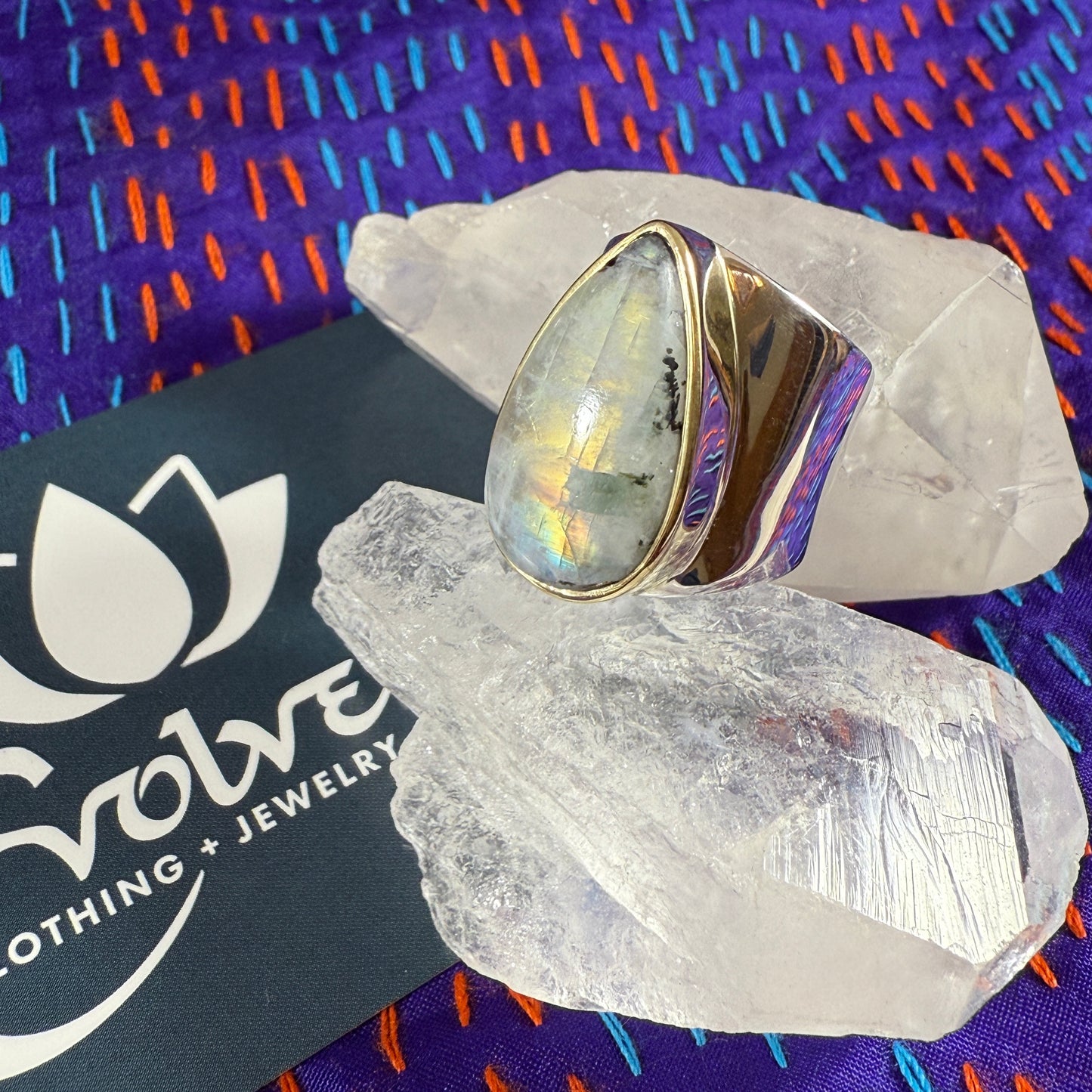 Rainbow Moonstone Sterling & Brass Wide Band Ring