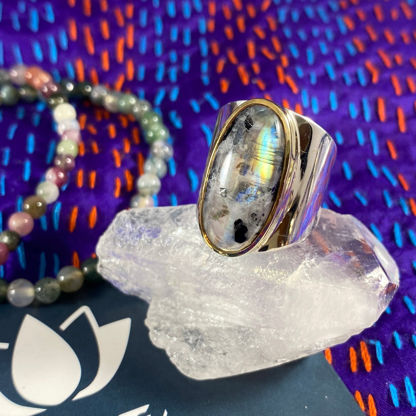 Rainbow Moonstone Sterling & Brass Wide Band Ring