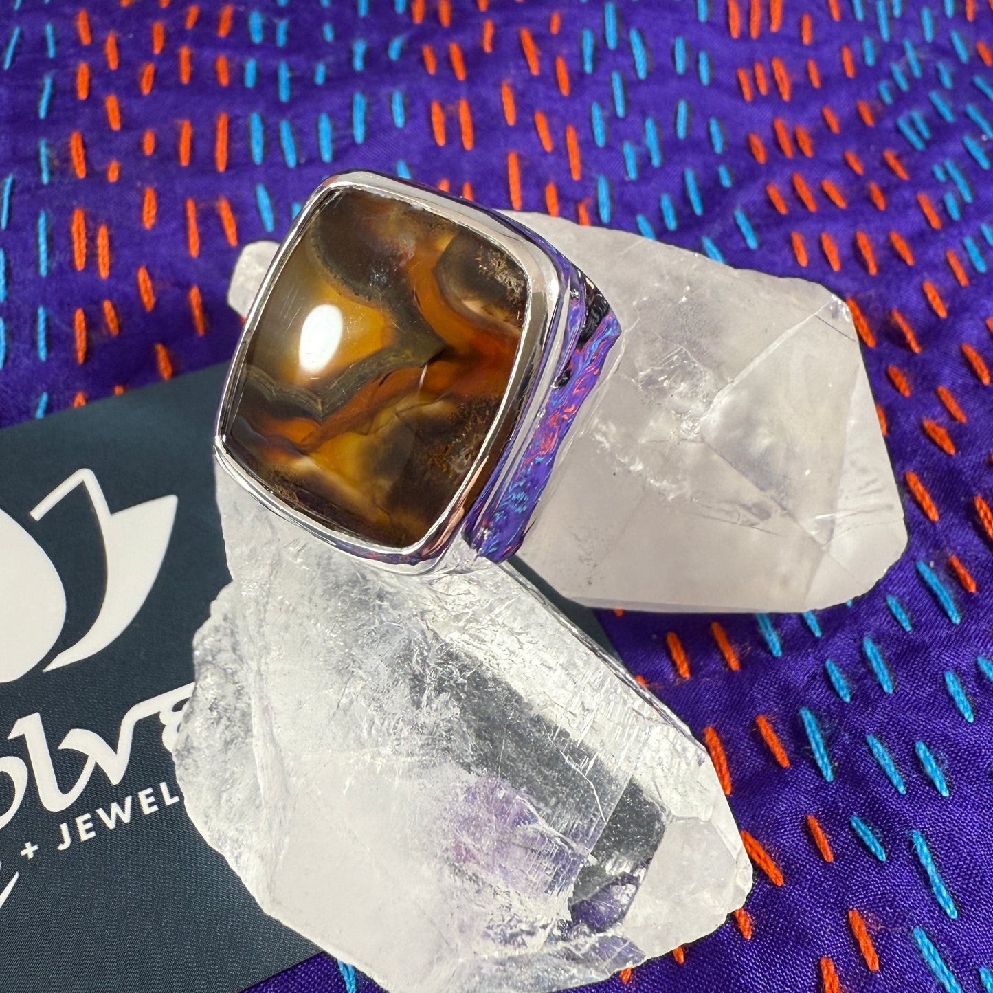 Montana Agate Sterling Wide Band Hammered Ring