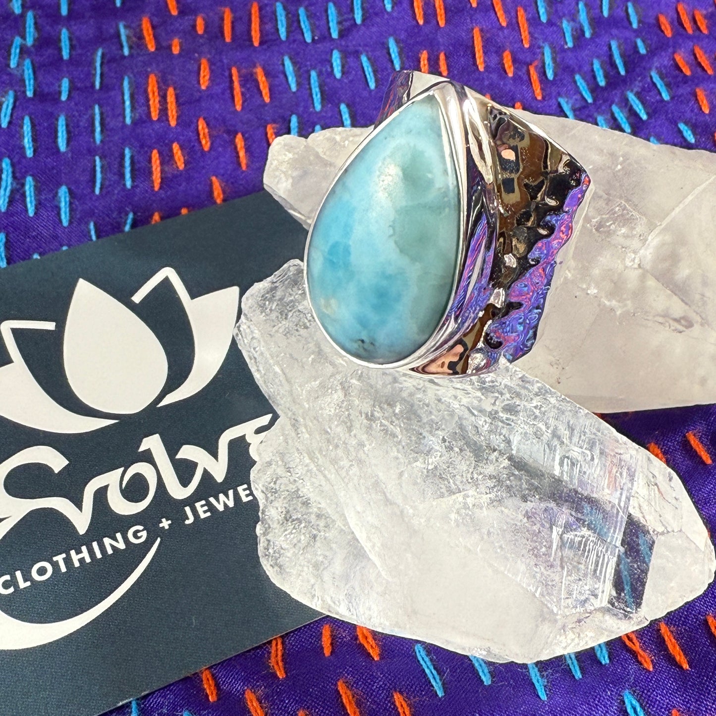 Larimar Sterling Wide Band Hammered Ring