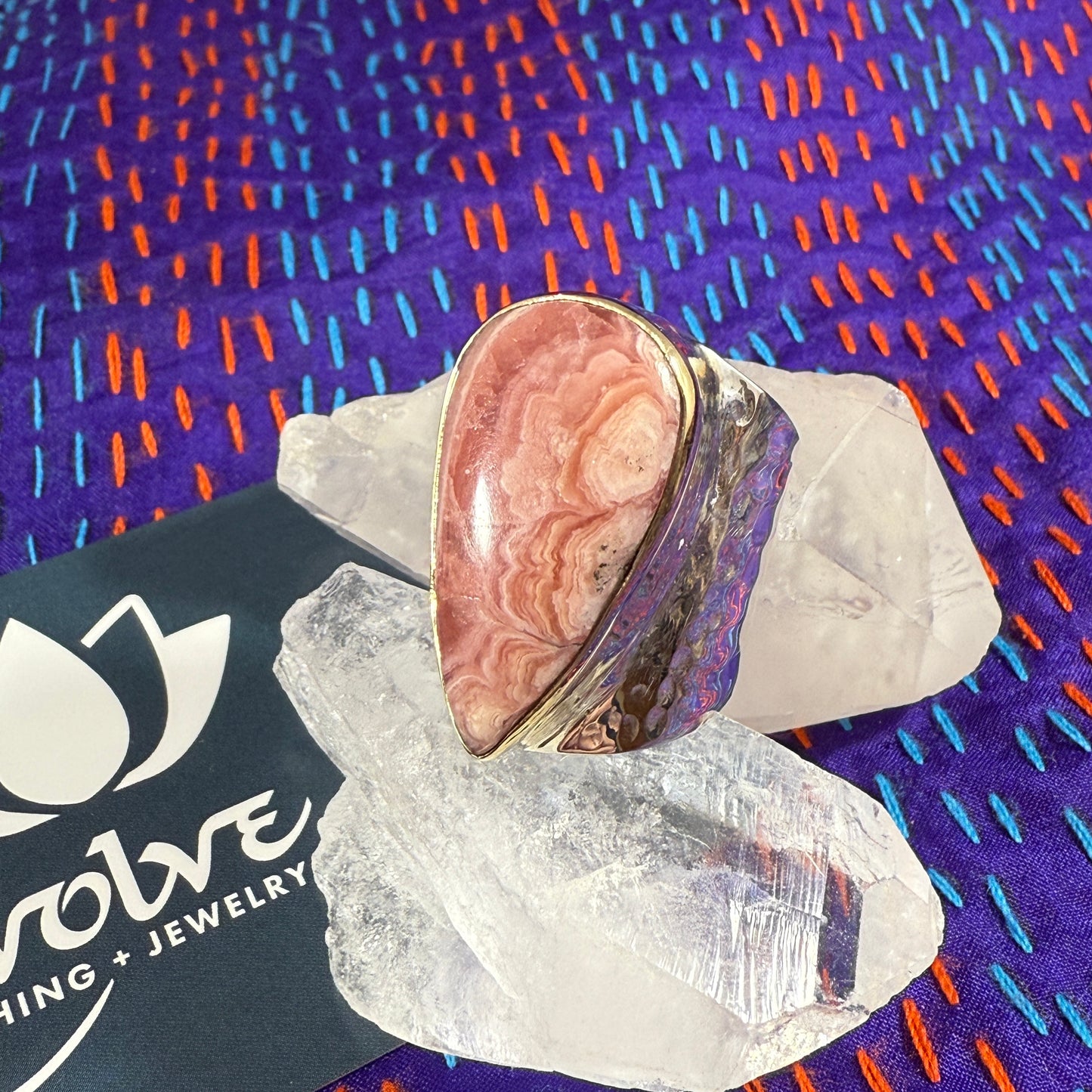 Rhodochrosite Sterling & Brass Wide Band Hammered Ring