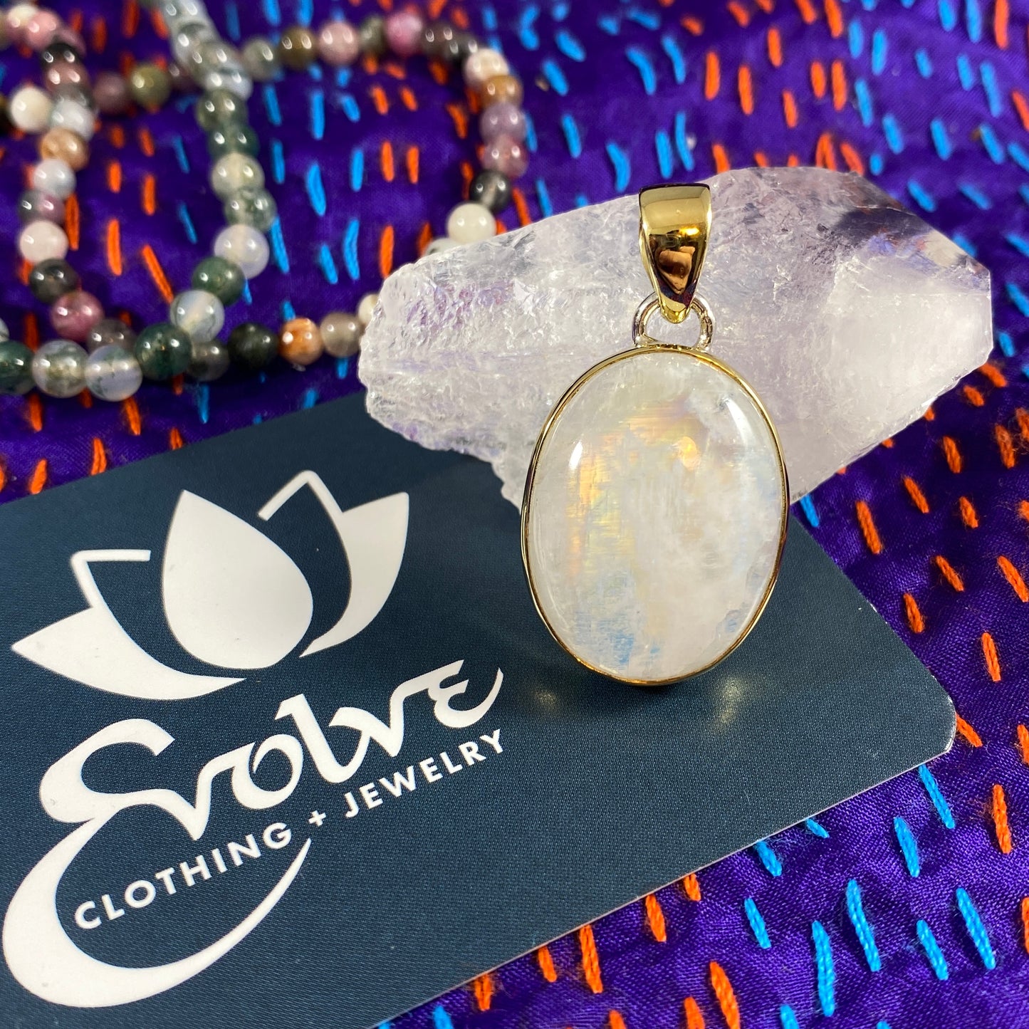 Rainbow Moonstone Silver & Brass Pendants