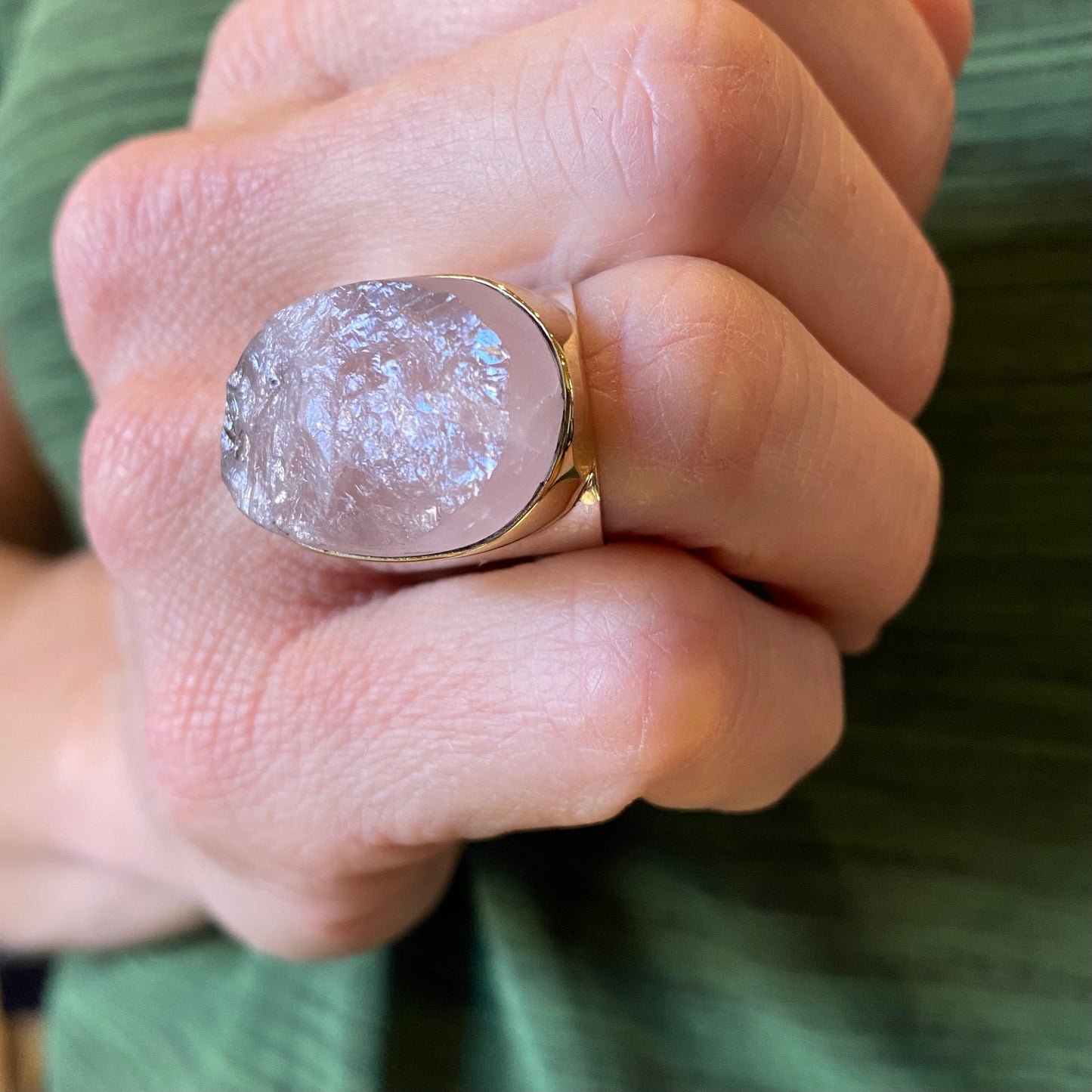 Raw Rose Quartz Sterling & Brass Wide Band Rings