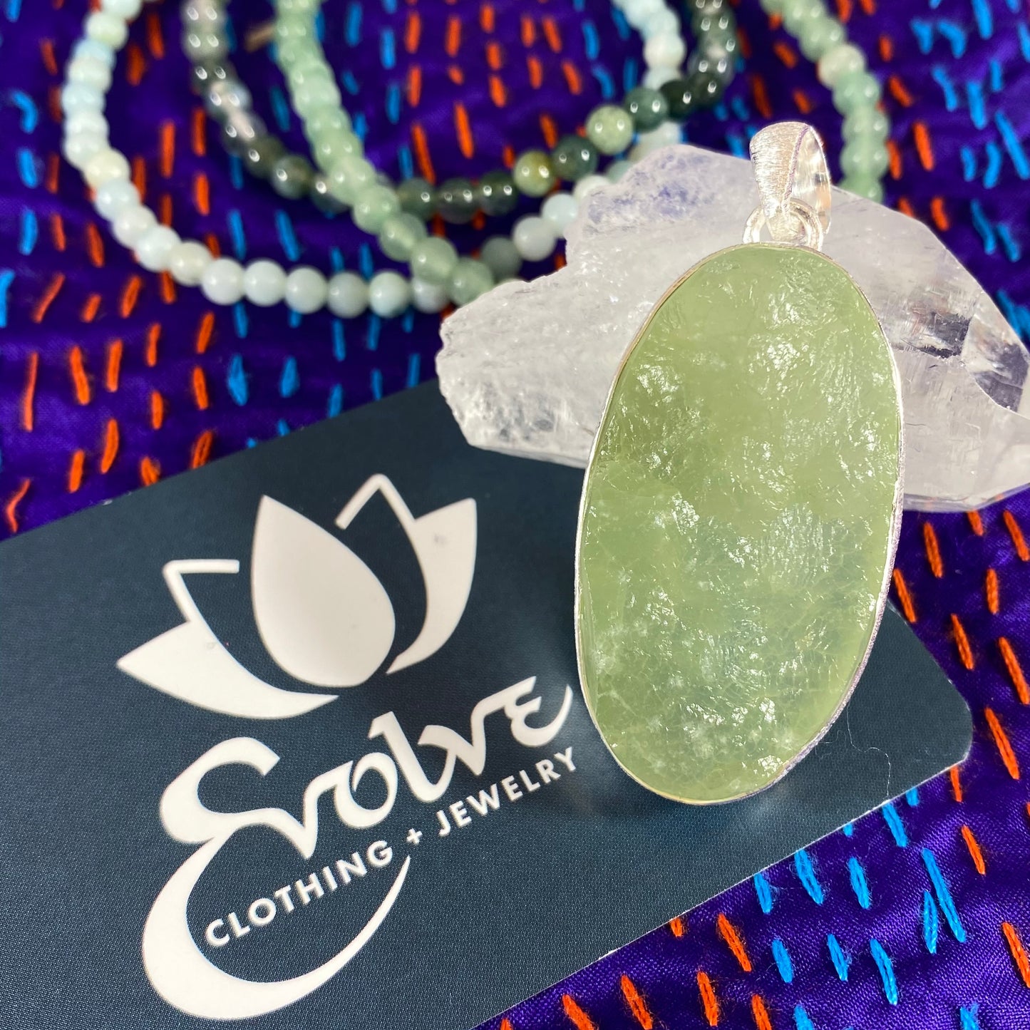 Raw Prehnite & Brushed Silver Pendants