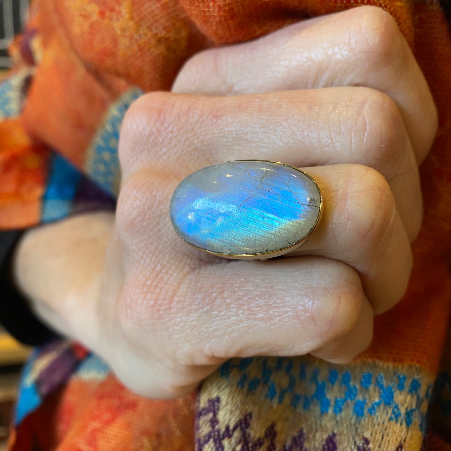 Rainbow Moonstone Sterling & Brass Ring