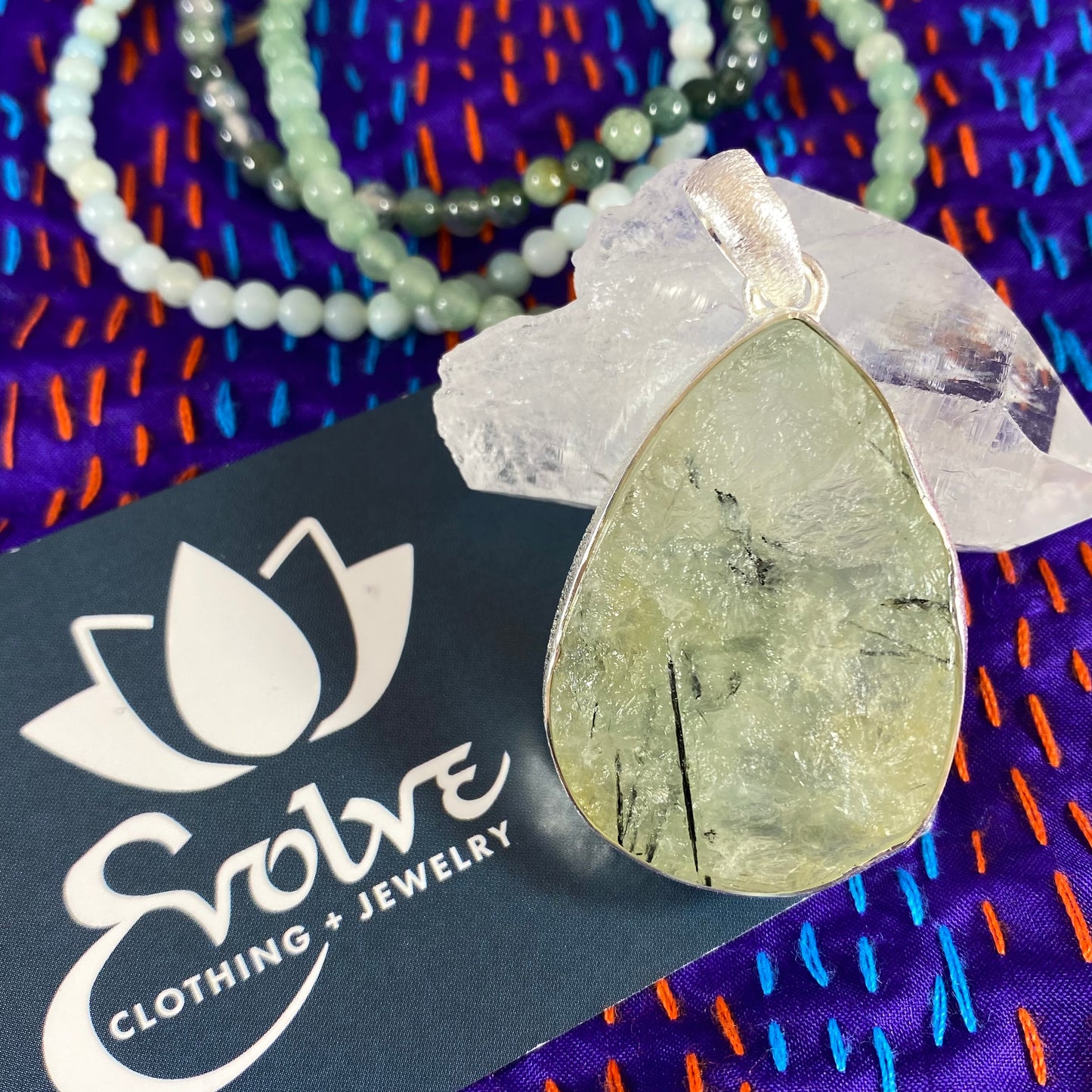 Raw Prehnite & Brushed Silver Pendants