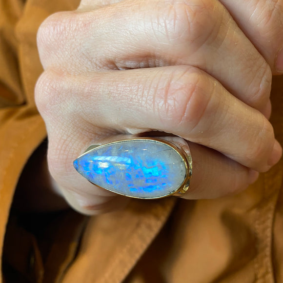 Rainbow Moonstone Sterling & Brass Wide Band Ring