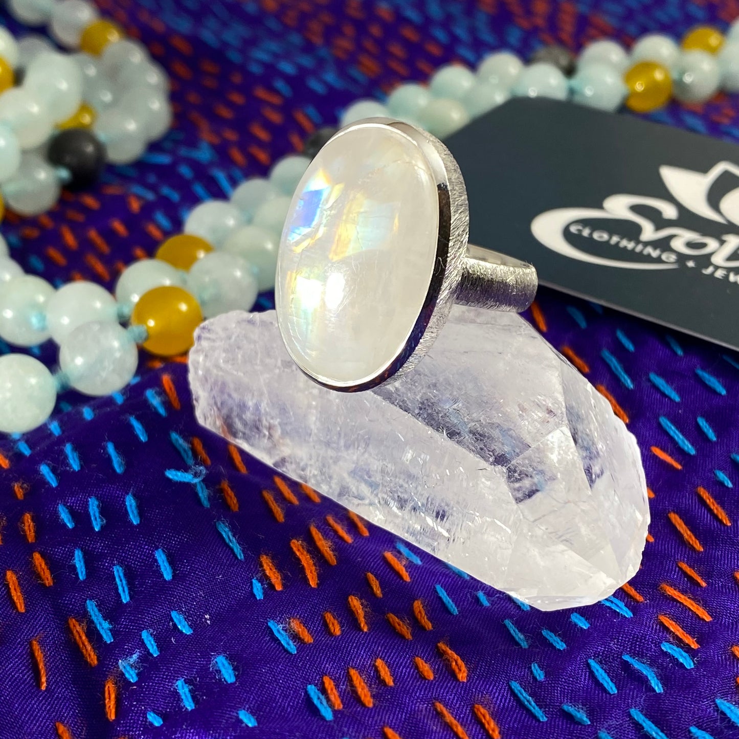 Rainbow Moonstone & Brushed Silver Ring