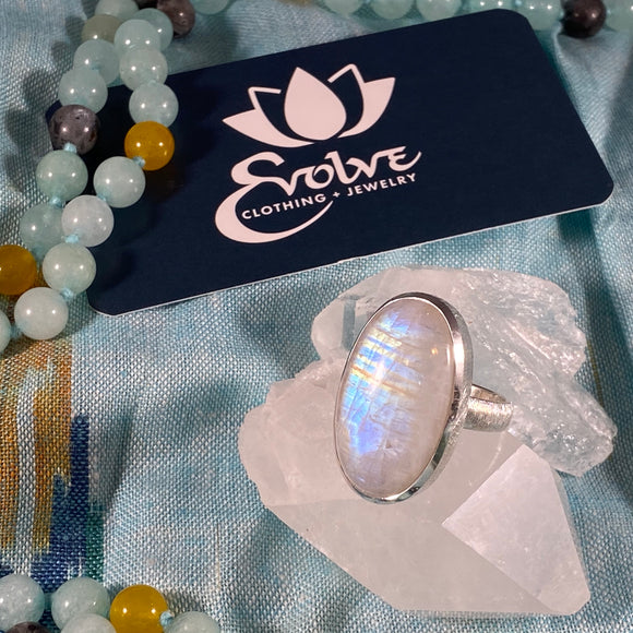 Rainbow Moonstone & Brushed Silver Ring