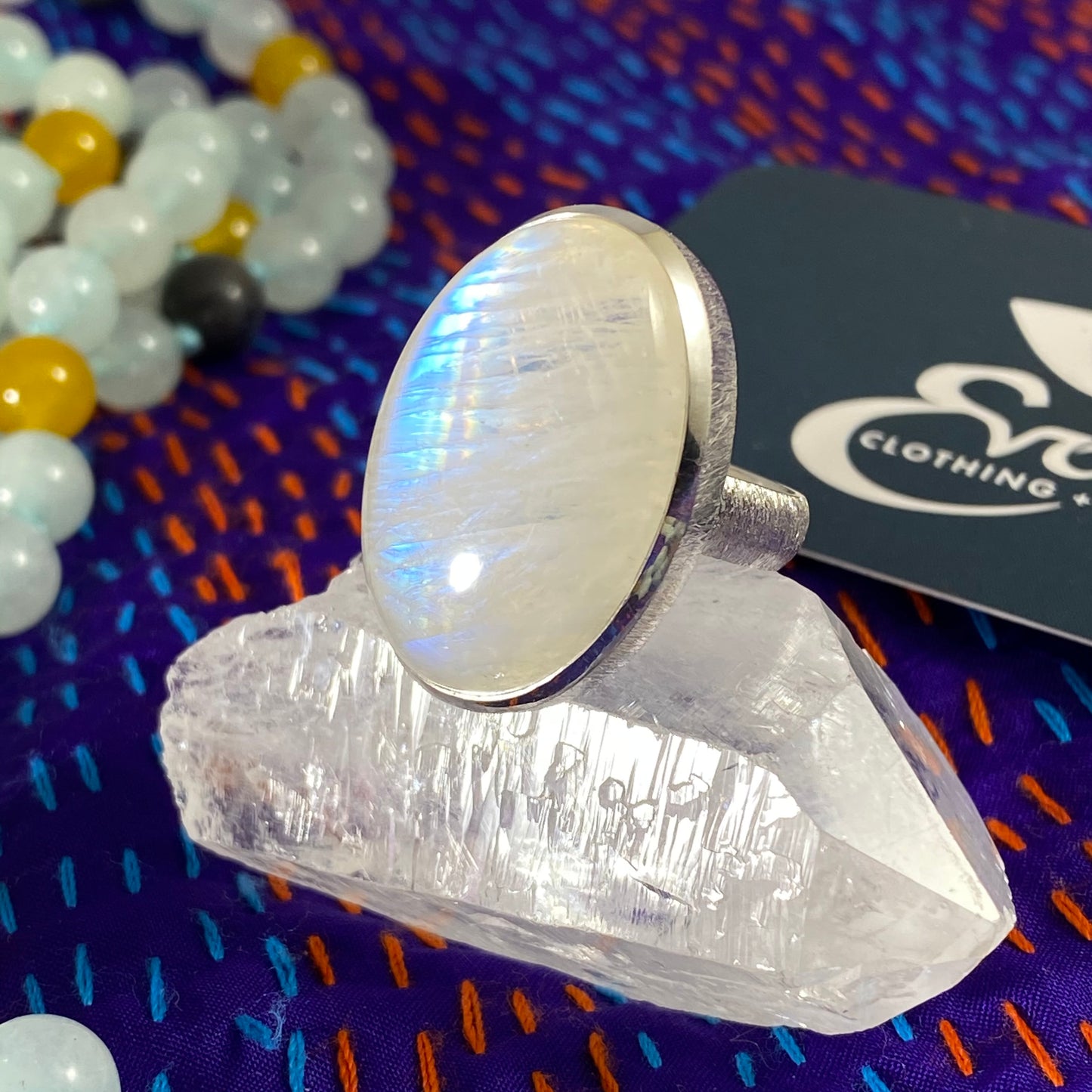 Rainbow Moonstone & Brushed Silver Ring