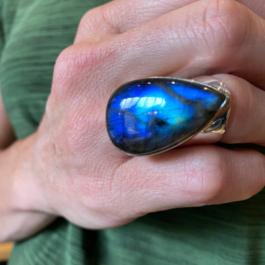 Labradorite Sterling & Brass Wide Band Ring