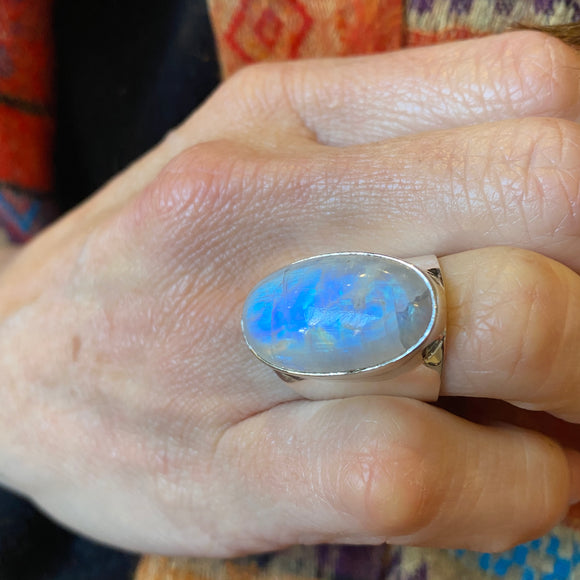 Rainbow Moonstone & Sterling Wide Band Ring