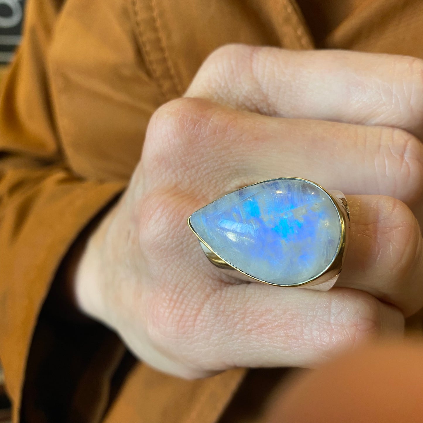 Rainbow Moonstone Sterling & Brass Wide Band Ring